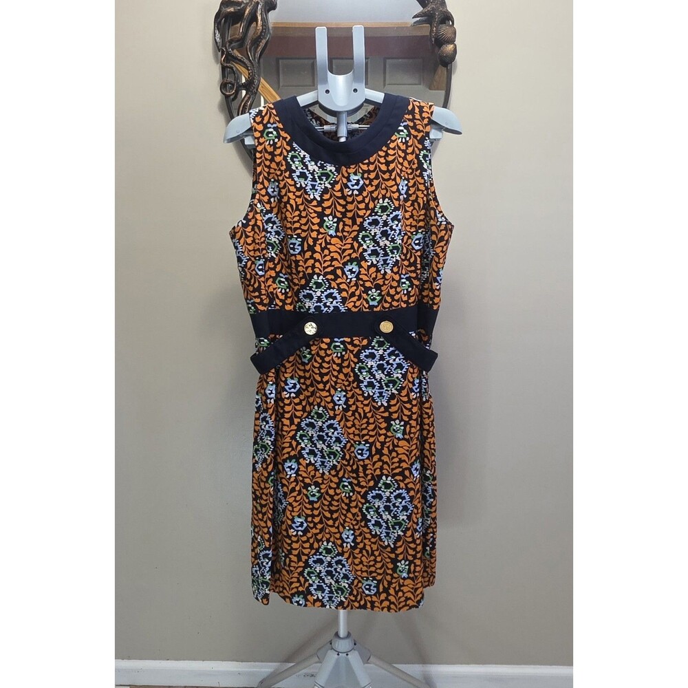 Tory Burch Melanie Floral Linen Shift Dress Womens 14 Navy Orange Retro Print